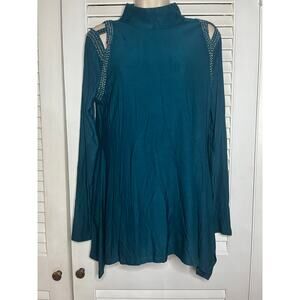 Belldini jewel tone green crystal trimmed open shoulder tunic L swing top dressy